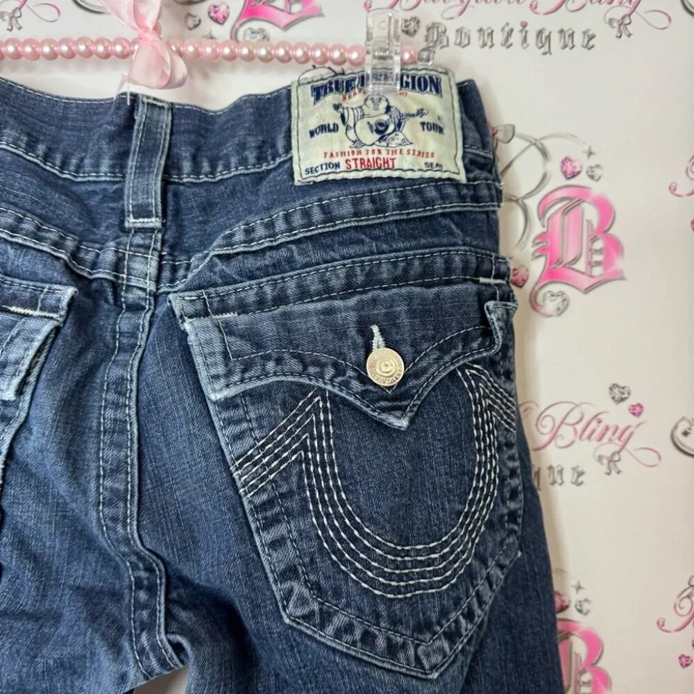 True Religion Blue Straight Jeans Classic Style pockets on back logo rare